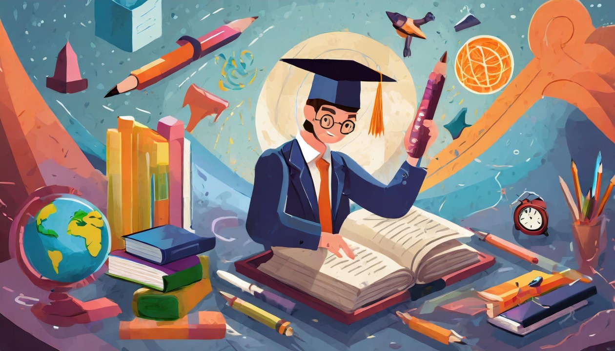 An AI image of a person in a cap and gown with books and pencils