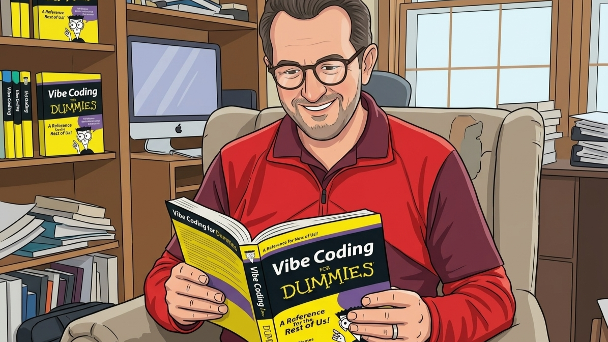 A cartoon resembling me reading a Vibe Coding for Dummies book